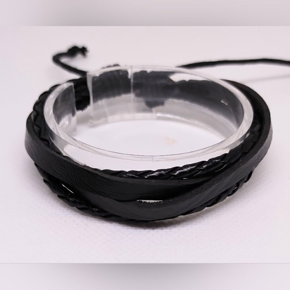 Men's leather bracelet‎ layered braided black new e36